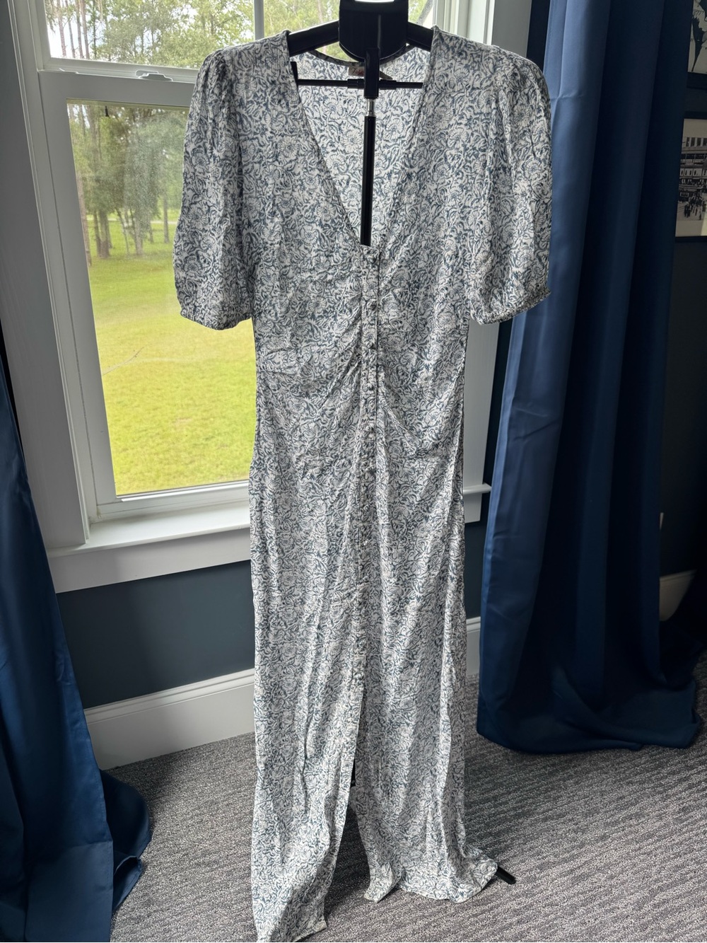 Faherty Sorrento Maxi Dress Size Large Blue White Cream Floral Puff Sleeves